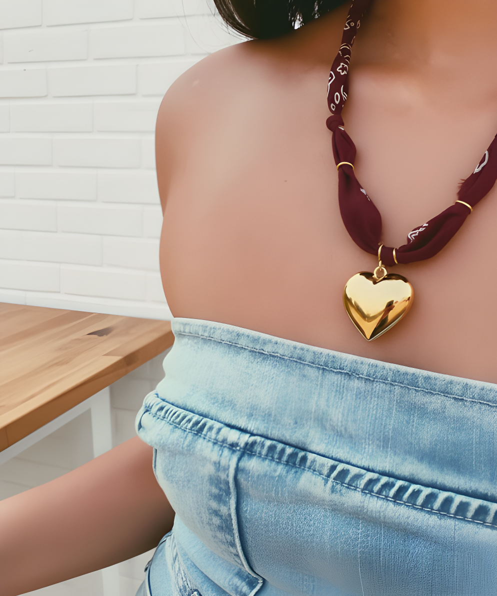 andmade bandana necklace featuring large golden heart pendant